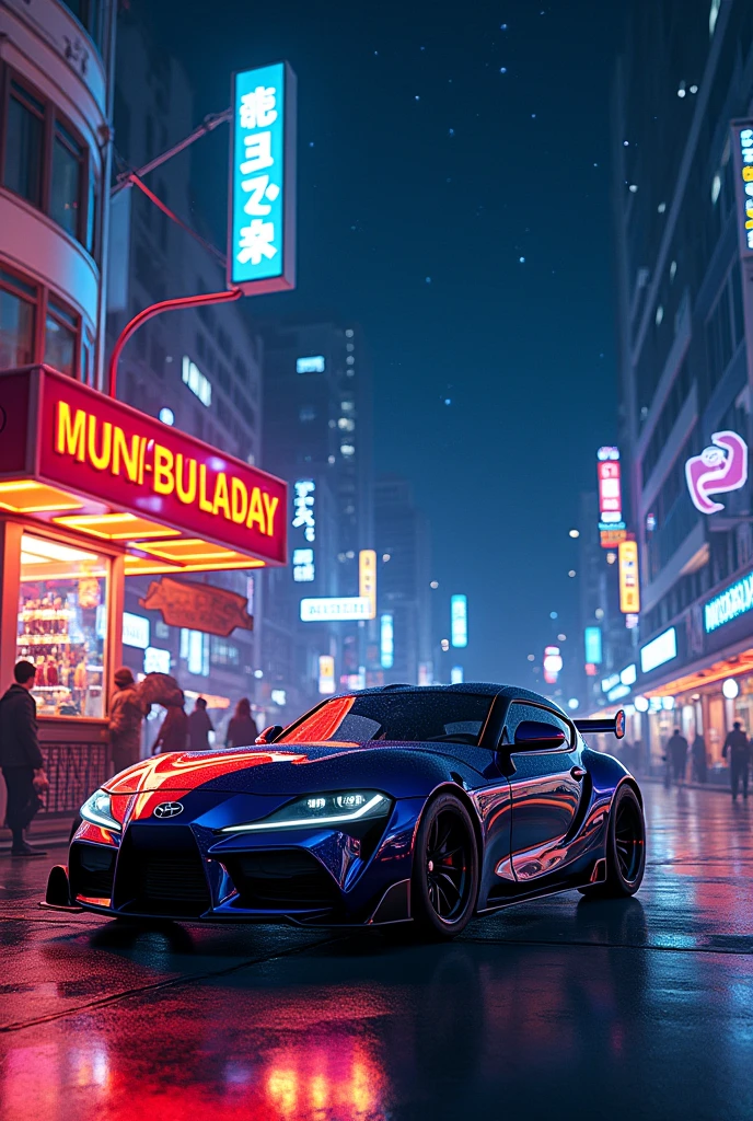 A supra standing in the town beside some shop and a spider man stand style  and it is at night , the picture animated