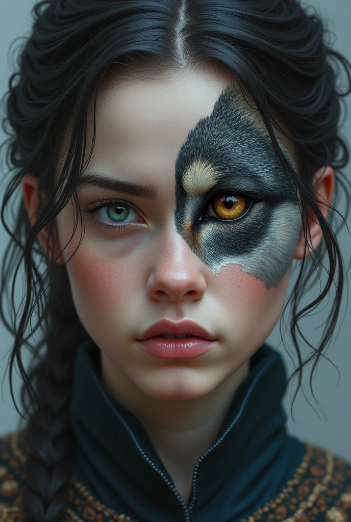 Arya stark hyper realistic close up and nymeria is ober her face but at the same time is like a superposition one of the wolf eye at the same level of arya's