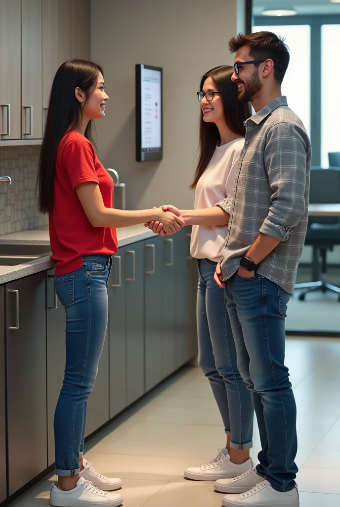 1 girl and 1 couple are meeting in drinking water area in office and shaking hands, girl is wearing red top and jeans and glasses and boy is wearing grey check shirt and jeans and smart watch and both are wearing white shoes but boy is not wearing glasses, boy is talking to girl in red top.
Only girl in red top is wearing glasses