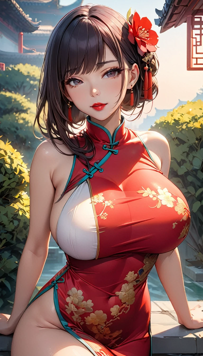 One person,Bush,Fashionable Girl,China dress,Chinese clothing,Hair Flower,(masterpiece:1.4),(Highest quality:1.4),(Glowing Skin),Red lips,View your viewers,Big Breasts,Cleft lip