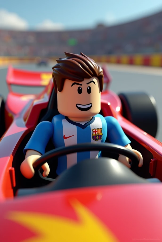 A roblox avatar with messi&#39;s shirt and in a lightning macuen car 
