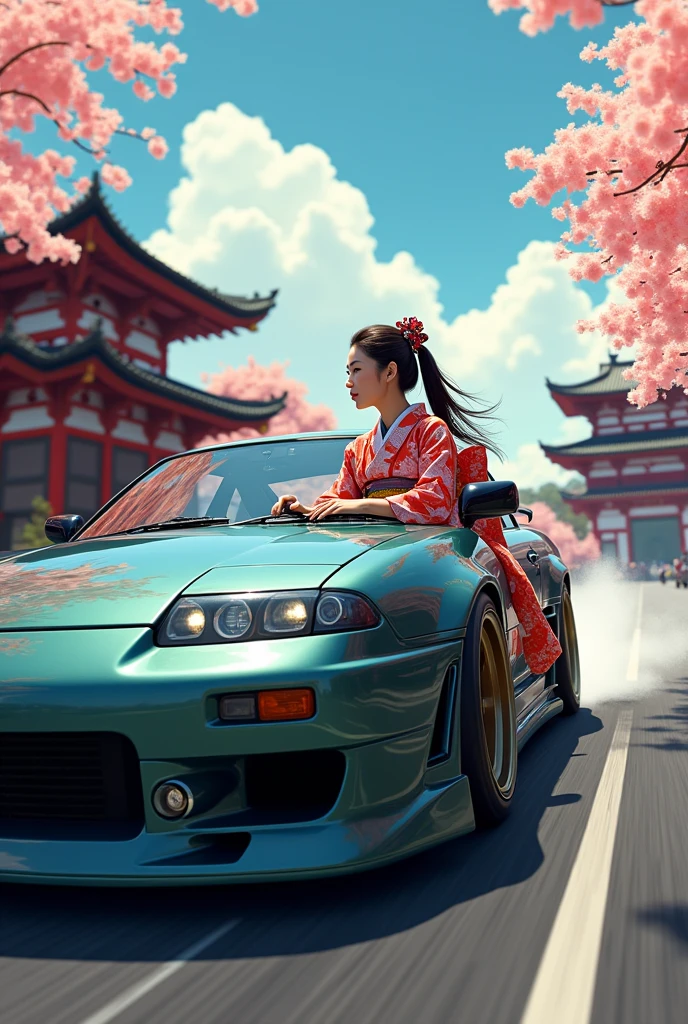 ((best quality)), ((masterpiece)), (detailed), Nissan S13 with a culture dressed japanese girl driving