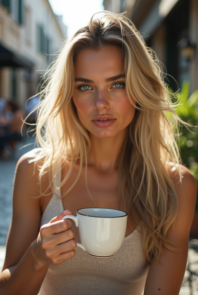 A beautiful young athletic woman with long darkbrown hair hair and huge round firm athletic pumped tits, blue eyes, beautiful and perfekt darkbrown hair, perfect madly darkbrown hair, high cheekbones, drinking coffee at an outdoor café, (best quality,4k,8k,highres,masterpiece:1.2),ultra-detailed,(realistic,photorealistic,photo-realistic:1.37),detailed face, beautiful detailed eyes, beautiful detailed lips, extremely detailed eyes and face, long eyelashes, elegant dress, outdoor café, warm sunlight, cobblestone street, potted plants, street café scene, cinematic lighting, vibrant colors, warm tones