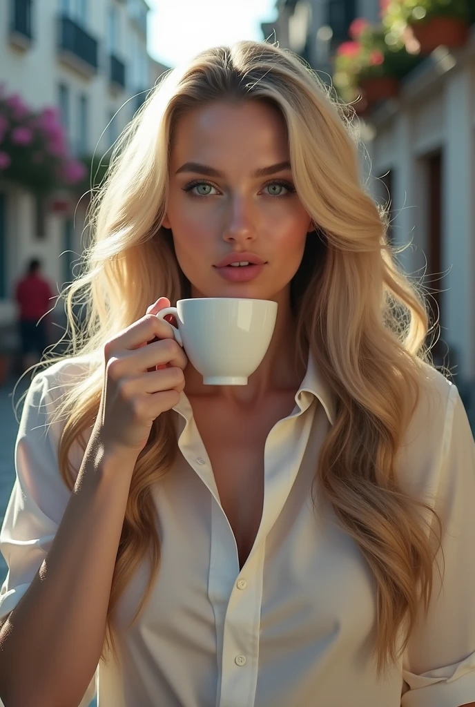 A beautiful young athletic woman with long darkbrown hair hair and huge round firm athletic pumped tits, blue eyes, beautiful and perfekt darkbrown hair, perfect madly darkbrown hair, high cheekbones, drinking coffee at an outdoor café, (best quality,4k,8k,highres,masterpiece:1.2),ultra-detailed,(realistic,photorealistic,photo-realistic:1.37),detailed face, beautiful detailed eyes, beautiful detailed lips, extremely detailed eyes and face, long eyelashes, elegant dress, outdoor café, warm sunlight, cobblestone street, potted plants, street café scene, cinematic lighting, vibrant colors, warm tones