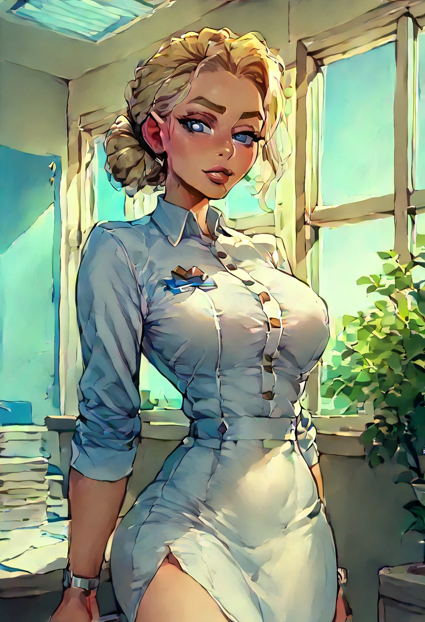 ((best quality),(masterpiece),(detailed),((cute teenage girl in office secretary uniform)),,beautiful detailed eyes,beautiful detailed lips,extremely detailed face and body,long eyelashes,blonde hair,slim fit secretary outfit,tight skirt,high heels,seductive pose,office interior,sunlight through window,professional lighting)