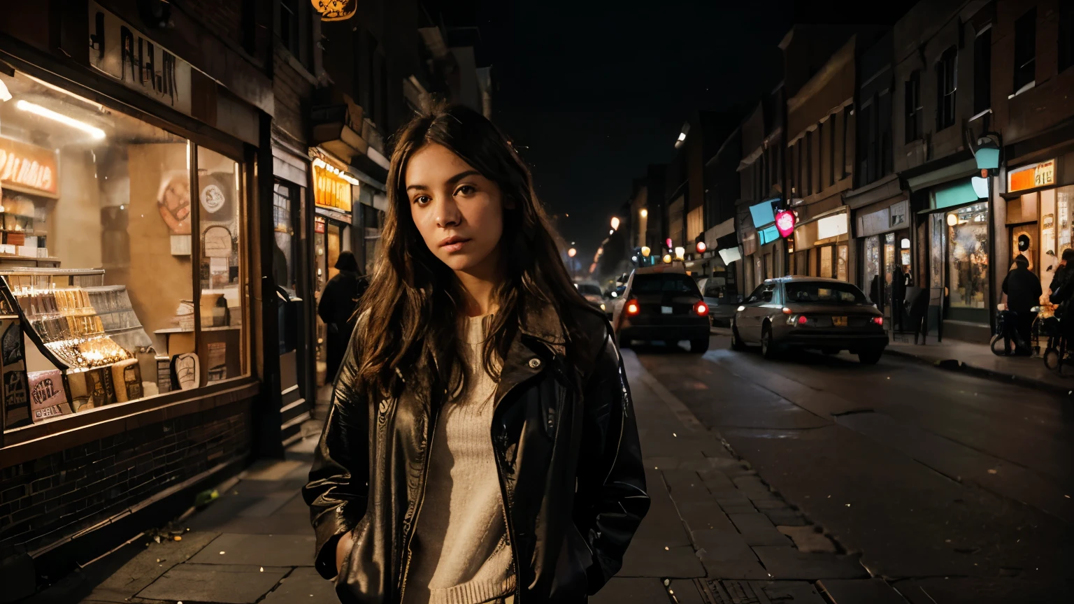 A hyper-realistic image of a young woman standing on a city street during twilight. The scene captures the soft, fading light of dusk, with the streetlights just beginning to glow. Her skin shows natural textures, with subtle imperfections and a warm tone. The light from the streetlamp casts a gentle glow on her face, creating soft shadows. Her expression is thoughtful, with slightly parted lips and a distant gaze. The background includes a row of old brick buildings with detailed textures, a few cars parked along the curb, and the faint glow of neon signs in shop windows. The image is in high resolution, with fine details visible in her hair, clothing, and the pavement beneath her feet.