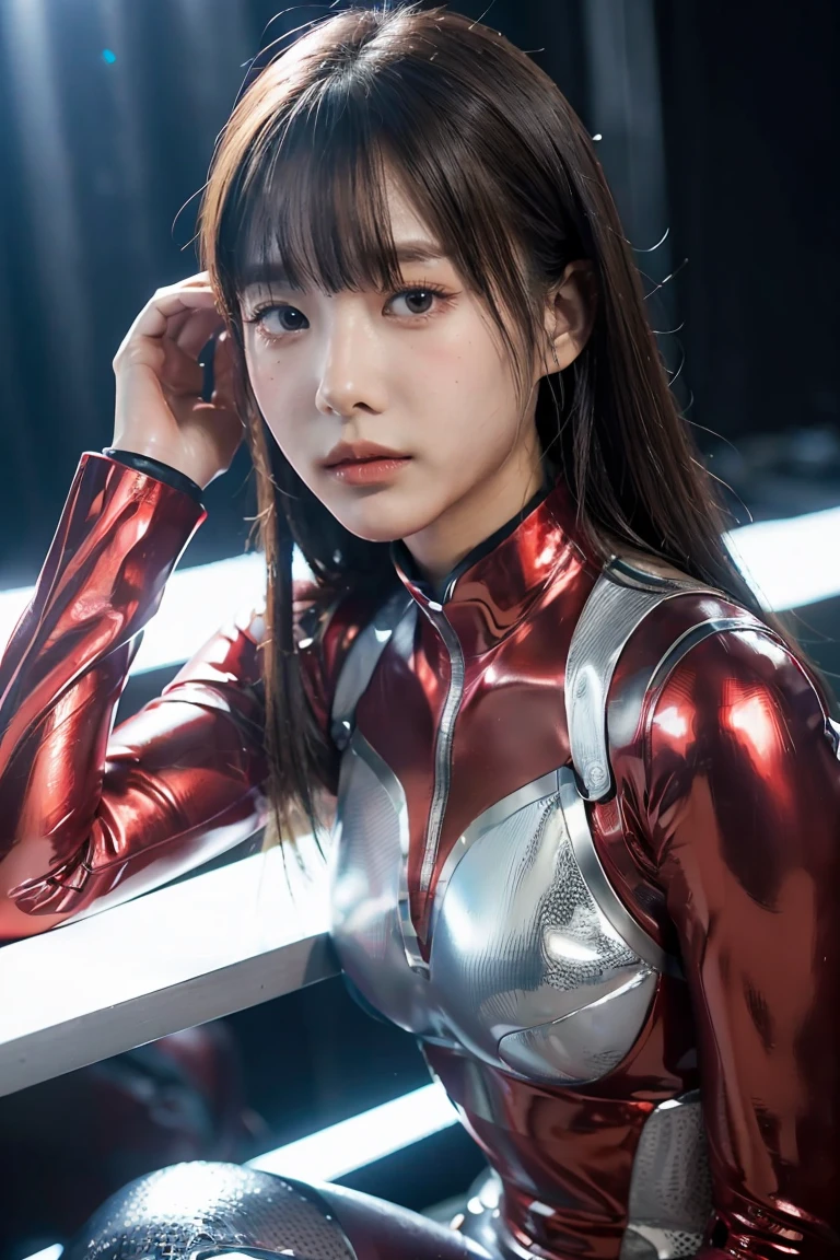 Ultraman、realistic、realistic、cinematic lighting, Girl in a shiny red and silver suit、、professional photos、Don'Do not expose your skin, japanese model, japanese cgi、Ultraman Suit、, Power Rangers Suit、tight and thin cyber suit,Whole body rubbery、There's pink There、 delicate body, big breasts、small ass、thin thighs、thin arms、thin waist、camel toe、Both sides of the cyber suit stick to the skin、Big eyes、black short hair、facing the front、facing the front立っている、A glowing sphere is embedded in the chest.、Essay Examination、 blue sky background