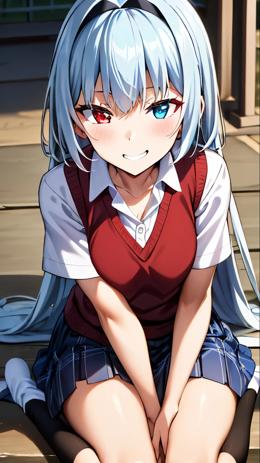 masterpiece, Highest quality, High resolution ,Luminous_Valentine,  Long Hair,hair ornaments, Silver Hair, very Long Hair,Silver Hair、Long Hair、 (blue eyes:1.2), Heterochromia iridis, (Red eyes:1.3),
  school uniform,Thigh straps, Sweater vest, Plaid skirt, Plaid, socks, pleated skirt, skirt,Etching Sleeve, Black Dress ,Forced smile,A lively amusement park, theme, Very wide shot, hands on knees,, knees,