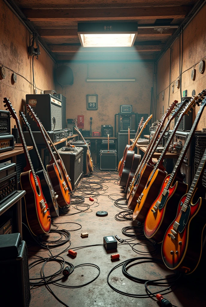 Room full of guitar amps, mic stands, drums, guitar and basses. Random arrangement