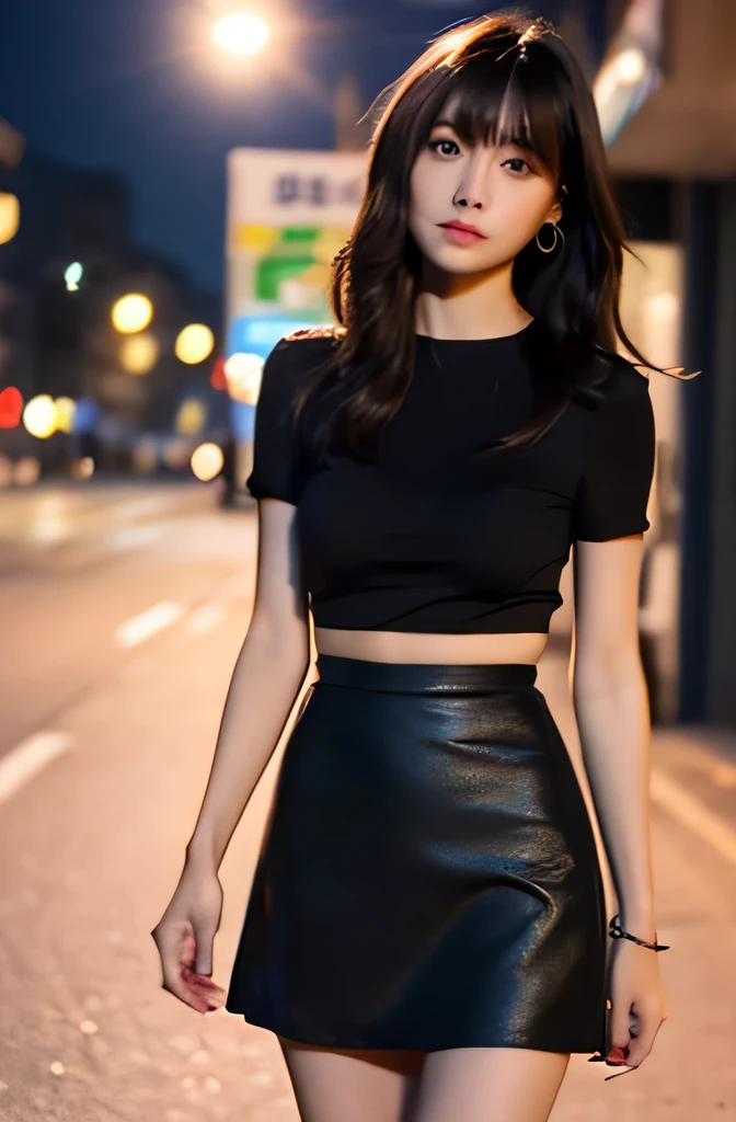 (((best quality))),1 female,slender face,(((arms behind))),(((cool beauty))),Black Hair,Brown Eyes,medium hair,straight hair,small breasts,looking at viewer,bed,2,No pubic hair,Height: 160cm,(full body),blouse,Standing in a busy street at night,mini skirt,Provocative look,bangs,Seductive expression