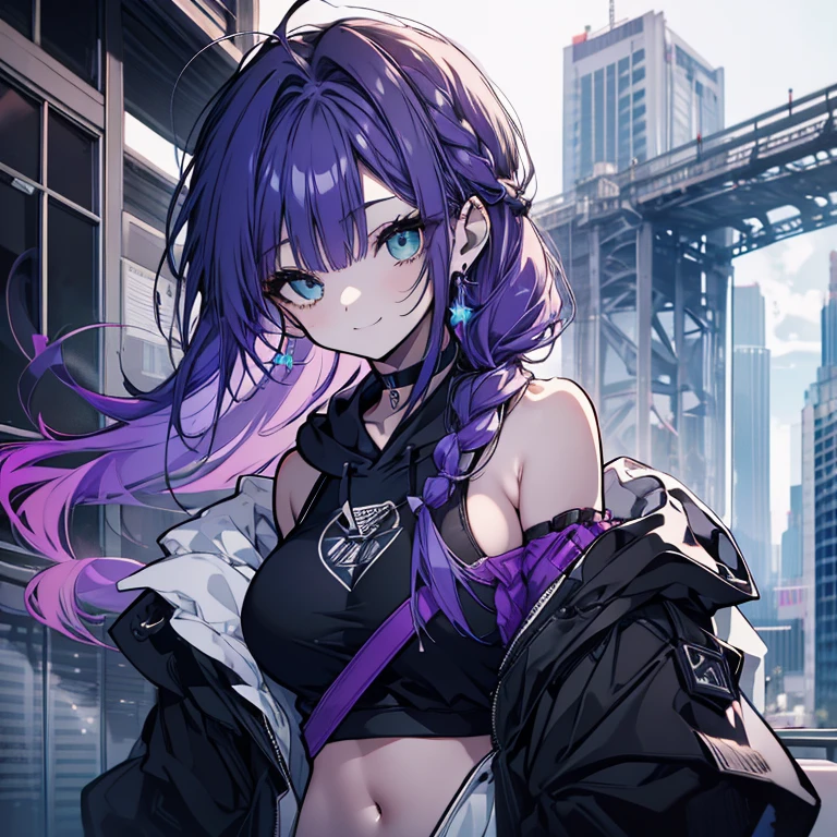 1 person、Mature、Ample breasts、Purple Hair、Long Hair、Emerald green eyes、ponytail、Braid、Voluminous hair、Earrings、Black hoodie、Shoulder Bare、blue sky、Downtown、smile、With juice、Black choker、Shorts、garter、High resolution、Highest quality