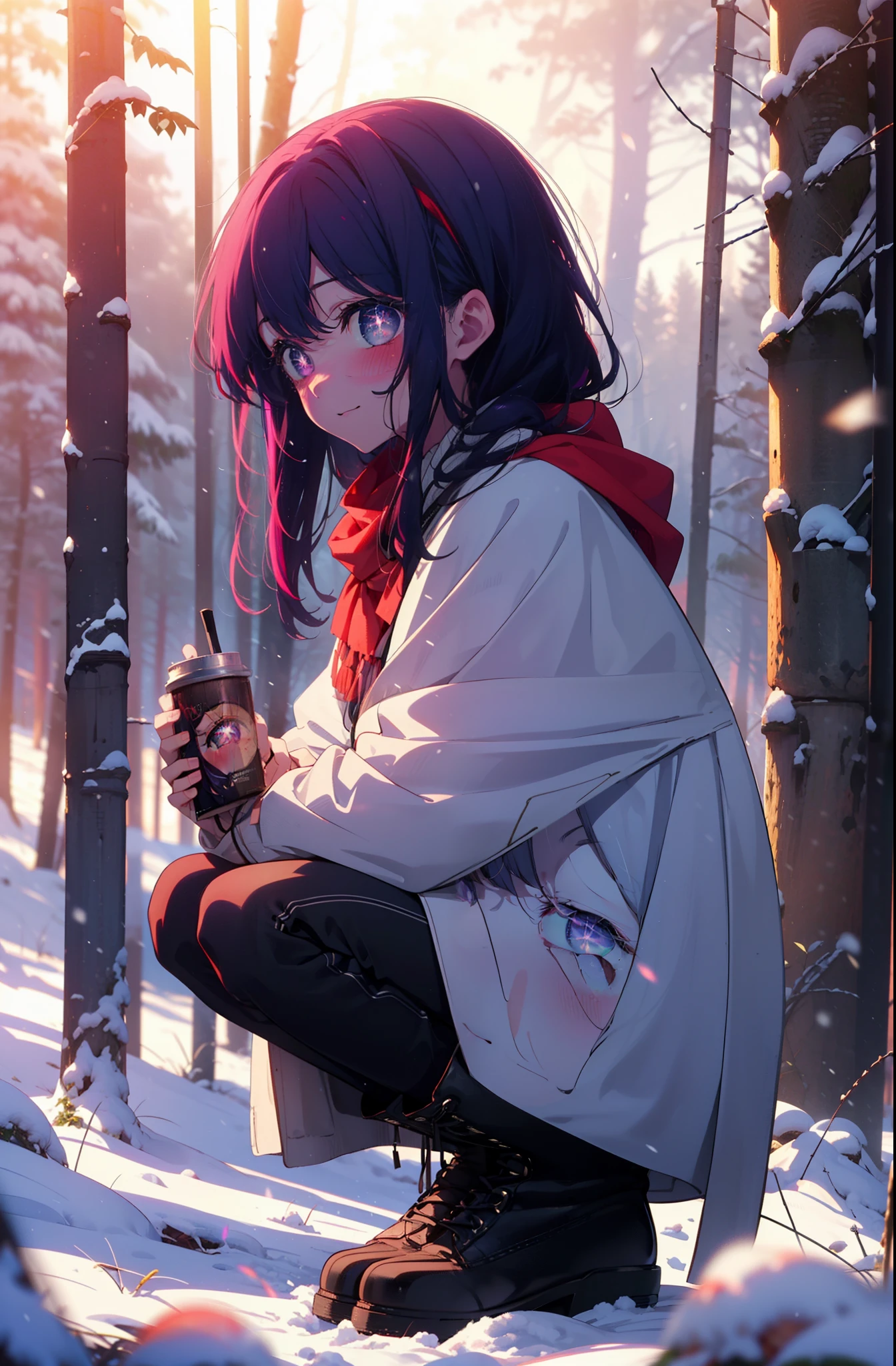 aihoshino, Ai Hoshino, Long Hair, bangs, (Purple eyes:1.1), Purple Hair, (Symbol-shaped pupil:1.5), smile,,smile,blush,white breath,
Open your mouth,snow,Ground bonfire, Outdoor, boots, snowing, From the side, wood, suitcase, Cape, Blurred, , forest, White handbag, nature, Squat, Mouth closed, Cape, winter, Written boundary depth, Black shoes, red Cape break looking at viewer, Upper Body, whole body, break Outdoor, forest, nature, break (masterpiece:1.2), Highest quality, High resolution, unity 8k wallpaper, (shape:0.8), (Beautiful and beautiful eyes:1.6), Highly detailed face, Perfect lighting, Highly detailed CG, (Perfect hands, Perfect Anatomy),