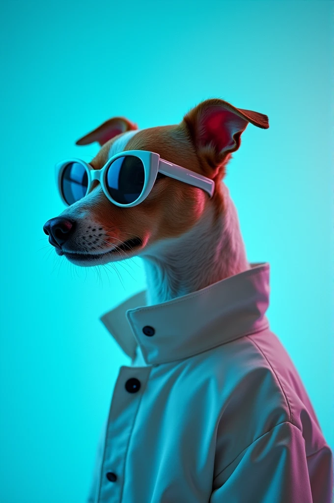 The best cell phone wallpaper, Award-Winning Wallpaper, portrait photography, In the front view is a portrait of a cute dog wearing mid-1960s space age fashion, Side view photo, Shot with Canon EOS R5, Set a strong contrast that accentuates the subject, Fluorescent blue tone, Wearing a very modern coat and sunglasses is a modern 1960s style, Clothes all in one color, beautiful background