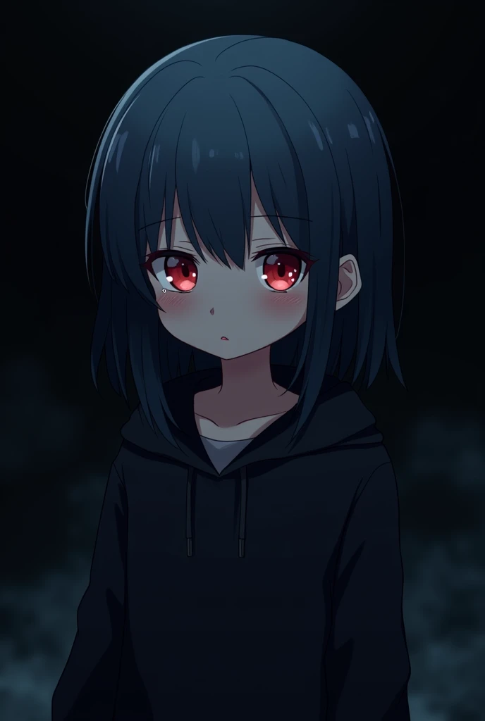 Black background , involved Anime girl , dark blue hair , modern day mullet hair style , black hoodie , red eyes , almond eye , chibi , teary , sad