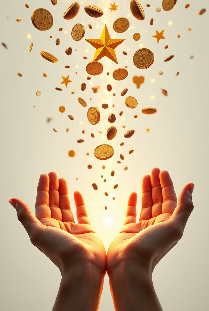 Hands extended with open palms, dropping, seeds, Granos de seeds, of abundance, coins and stars.