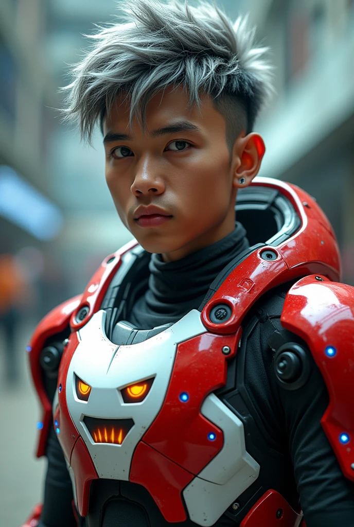 a young Malaysia man, tan skin .19 year old boy wearing a red and white exoskeleton armor, a robot face on his chest , malaysian mullet wolfcut hairstyle. Red ear mount . black hair mix little white hair. , detailed face and eyes, highly detailed, 8k, photorealistic, cinematic lighting, concept art, sci-fi. Led light blue.led light robot face on body Punisher. Marvel. Alien robot face on body. Mechamato. Robot face on chest. Talking robot on chest. Angry red Robot emoji on body.