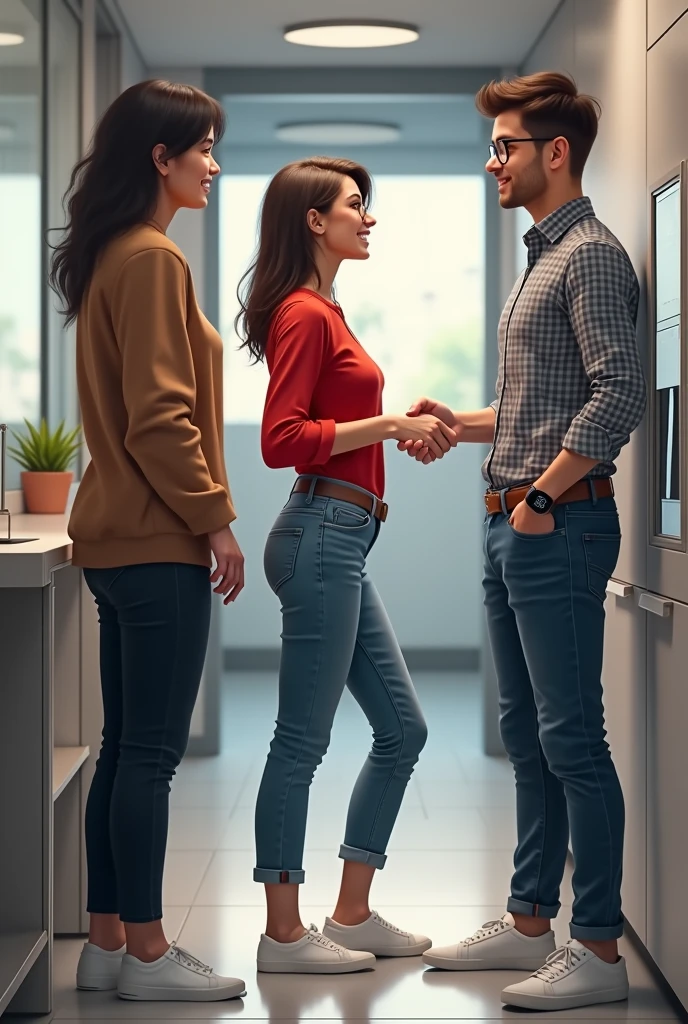 1 girl and 1 couple are meeting in drinking water area in office and shaking hands, girl is wearing red top and jeans and glasses and boy is wearing grey check shirt and jeans and smart watch and both are wearing white shoes but boy is not wearing glasses, boy is talking to girl in red top.
Only girl in red top is wearing glasses