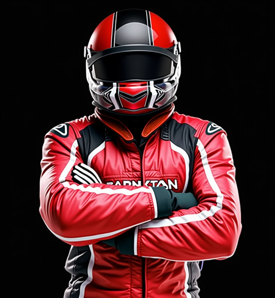 (masterpiece, top quality, best quality, official art,beautiful and aesthetic:1.2),(4k,8k, best quality,masterpiece:1.2),(((white background))), solo,Male race car driver, wearing a red racing suit, representing the racing uniform, with a red helmet. The character has a clear and accurate structure, modern realistic representation, and consistent lighting that looks natural and believable.