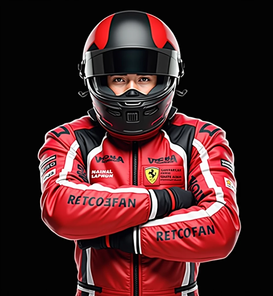 (masterpiece, top quality, best quality, official art,beautiful and aesthetic:1.2),(4k,8k, best quality,masterpiece:1.2),(((white background))), solo,Male race car driver, wearing a red racing suit, representing the racing uniform, with a red helmet. The character has a clear and accurate structure, modern realistic representation, and consistent lighting that looks natural and believable.