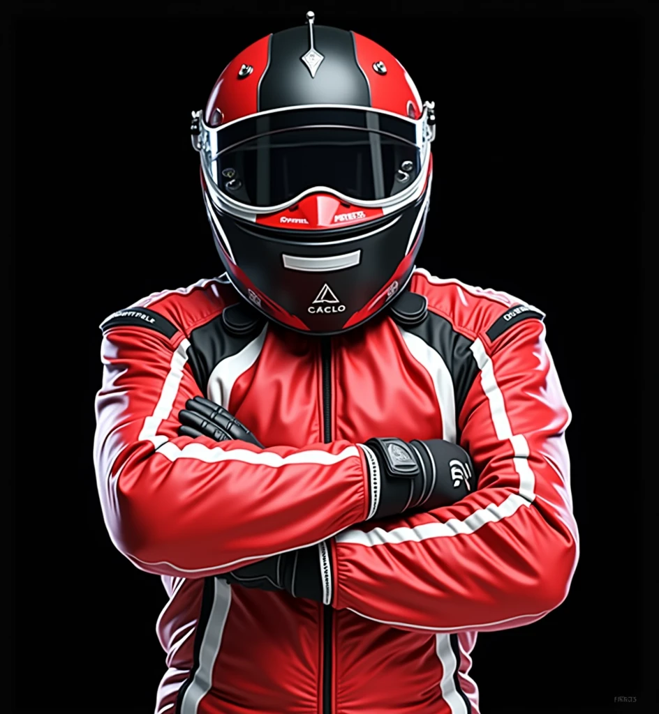 (masterpiece, top quality, best quality, official art,beautiful and aesthetic:1.2),(4k,8k, best quality,masterpiece:1.2),(((white background))), solo,Male race car driver, wearing a red racing suit, representing the racing uniform, with a red helmet. The character has a clear and accurate structure, modern realistic representation, and consistent lighting that looks natural and believable.