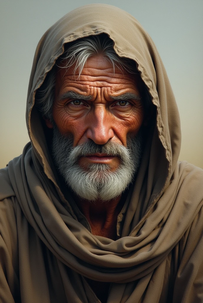 blind arafed man, with beard and a beggar's cape standing near the city, 8k film still, by Etienne Delessert, gray beard, film still 8k, gray hair and beard, gray beard, short white beard, by Matija Jama, portrait 8k render, portrait shot 8k, sturdy beard, the city of Jericho behind him