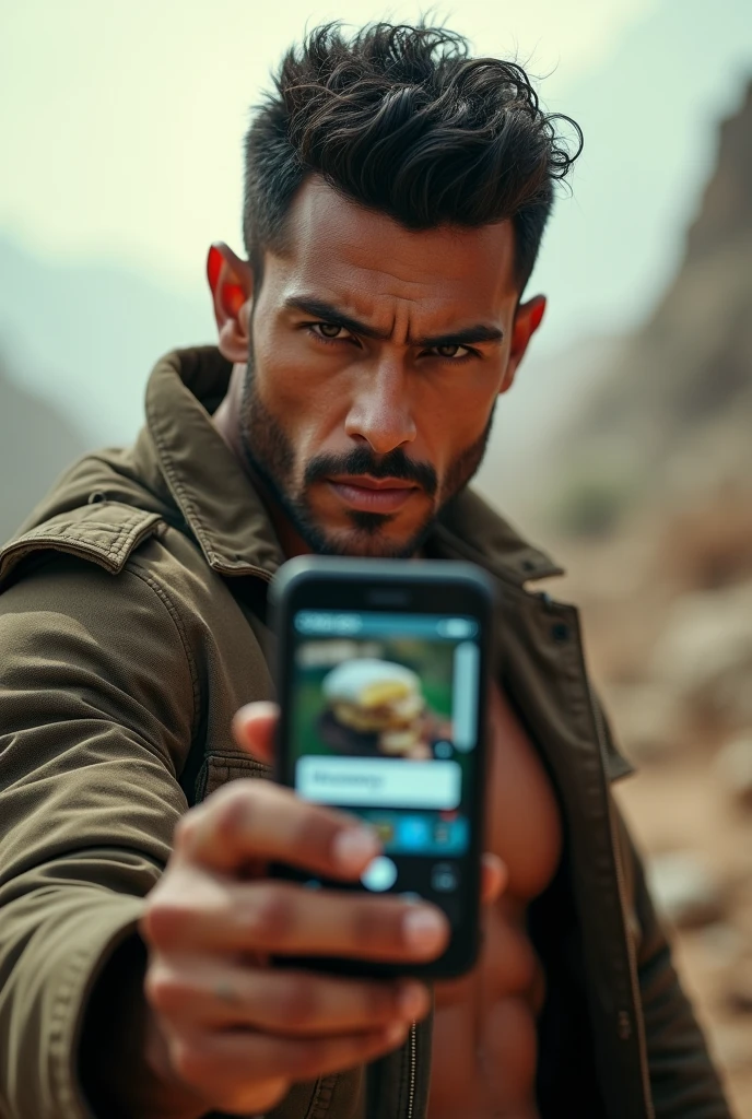 realist:1.3,( fotorrealist, 8k, RAW Photos, Premium quality, masterpiece, epic lighting. close up, Centered image), (foreground),((1 handsome man, self-confident, well-formed muscles, post-apocalyptic, guerrero, Perfectly detailed face and body, (foreground) with a cell phone in his hands as if searching for something, Different types of advertising, such as food, come out of the phone.))