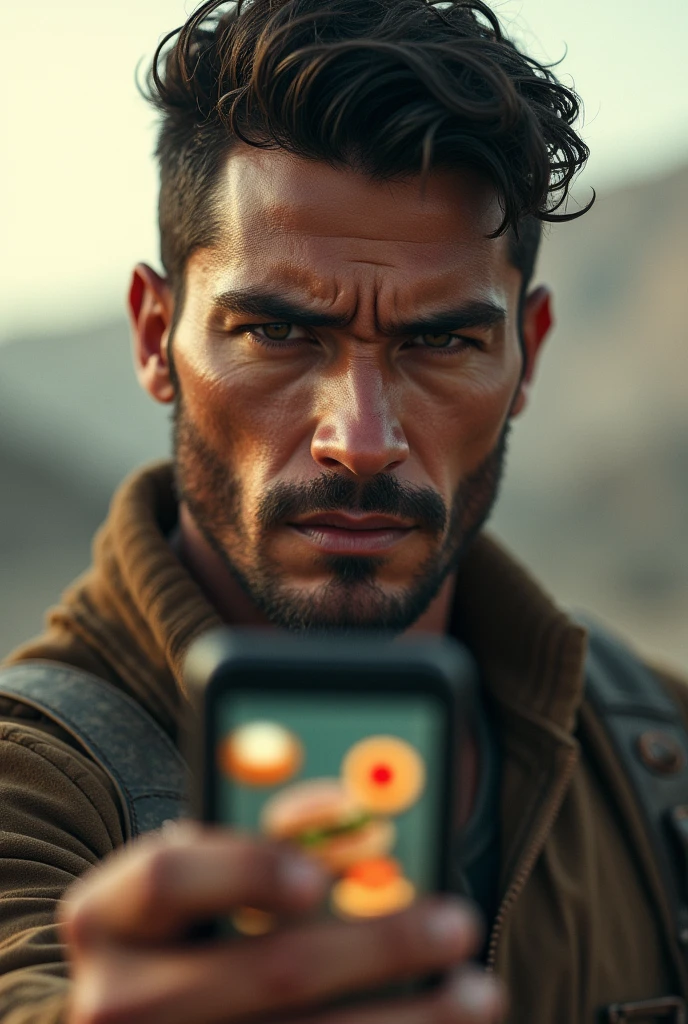 realist:1.3,( fotorrealist, 8k, RAW Photos, Premium quality, masterpiece, epic lighting. close up, Centered image), (foreground),((1 handsome man, self-confident, well-formed muscles, post-apocalyptic, guerrero, Perfectly detailed face and body, (foreground) with a cell phone in his hands as if searching for something, Different types of advertising, such as food, come out of the phone.))