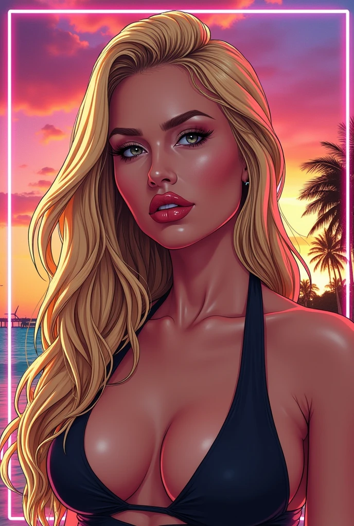 Dessin Femme style dessin gta blonde cheveux lache portrait contour dessin fond miami town sunset trait epais