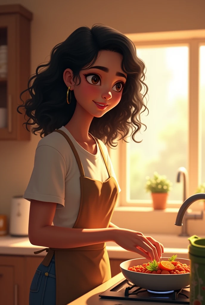 A mother with medium length curly black hair stands making food near a lit window in the background of a kitchen.