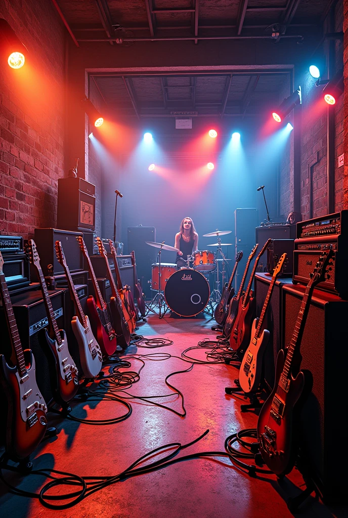Room full of guitar amps, mic stands, drums, guitar and basses. Random arrangement. Landscape picture