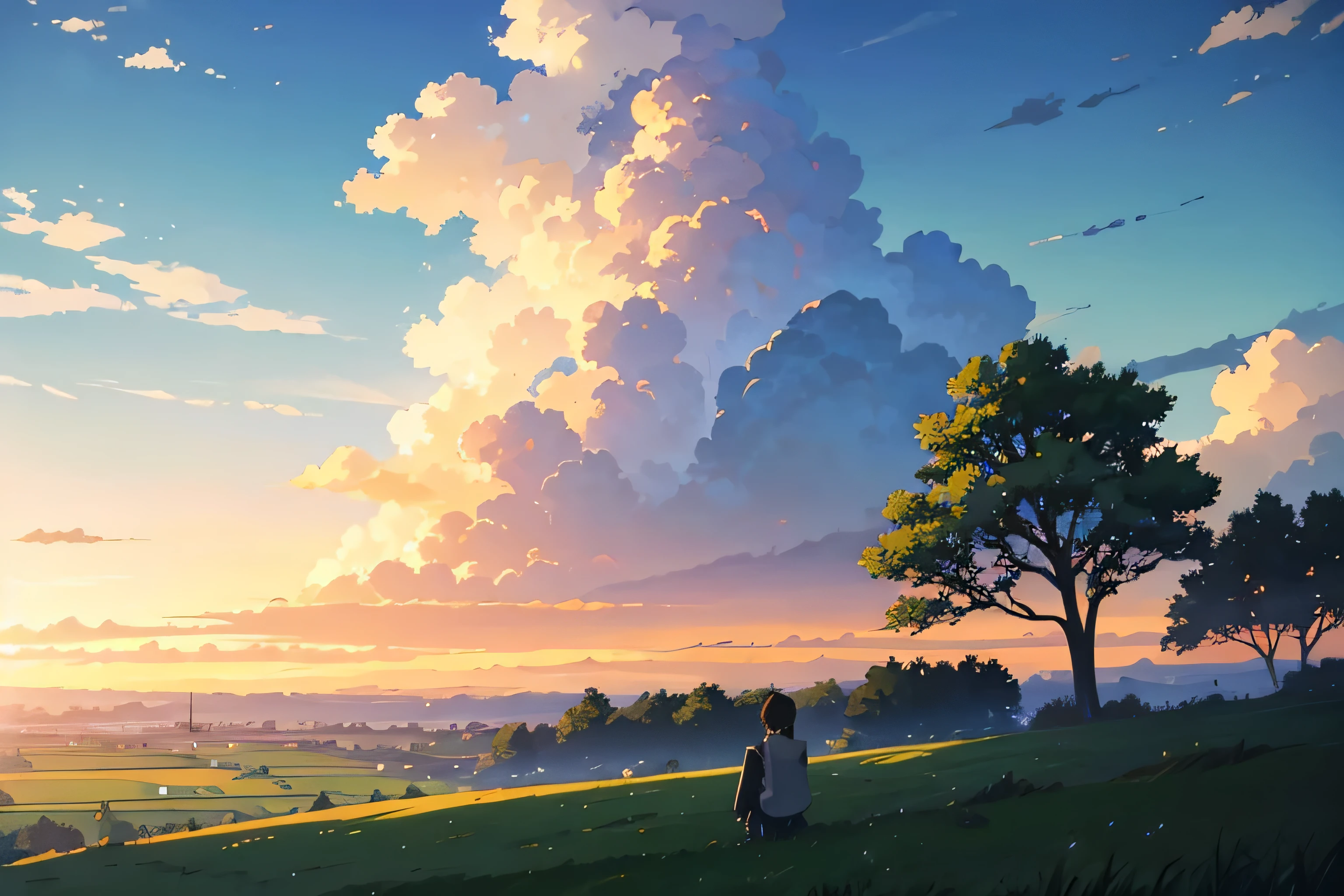 anime scene of a green grass field with sky, anime scenery, anime landscape, anime beautiful peace scene, beautiful anime scene, beautiful anime scenery, anime nature wallpap, anime nature, anime countryside landscape, style of Makoto Shinkai, Makoto Shinkai!!, anime background, anime scene, Makoto Shinkai!, Beautiful fluffy clouds. anime
