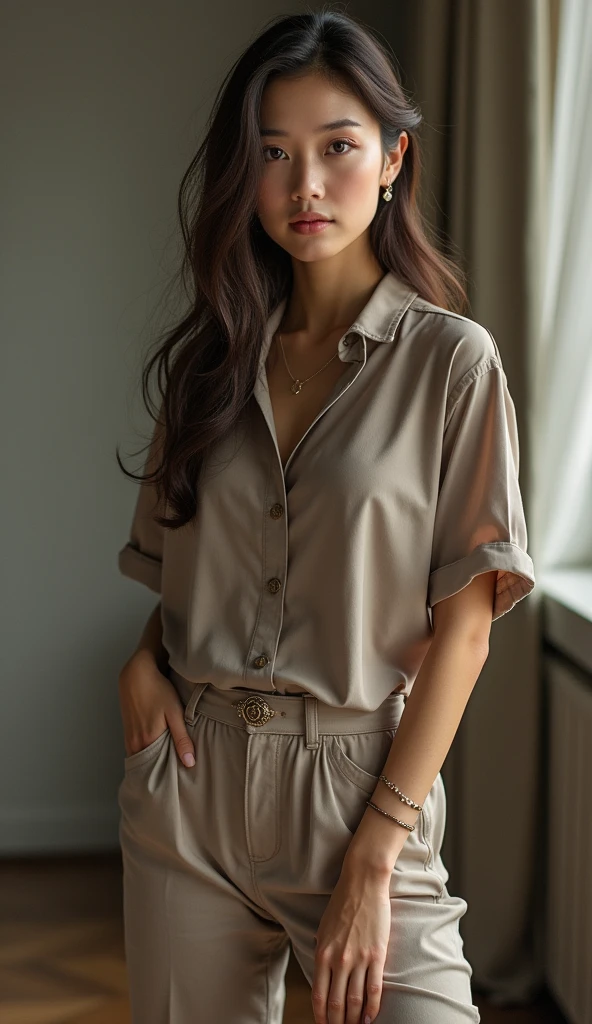 Highest quality, Very detailed, masterpiece, 1 person,Japanese women,(((Perfect female body))),Very beautiful face, Very beautiful body,Gentle expression, Very beautiful eyes,(Perfect Makeup:1.1),Fashion Model,Korean Fashion,Long Hair,Brown Hair:1.3, Big Breasts、Smart Abs,モノトーンビッグサイズShort sleeveシャツ,Ankle Pants,necklace,anklet,Elegant pumps,A kind smile,Full body portrait,(Indoor Background:1.3), (Glowing Skin),(Earrings),cute、Short sleeve