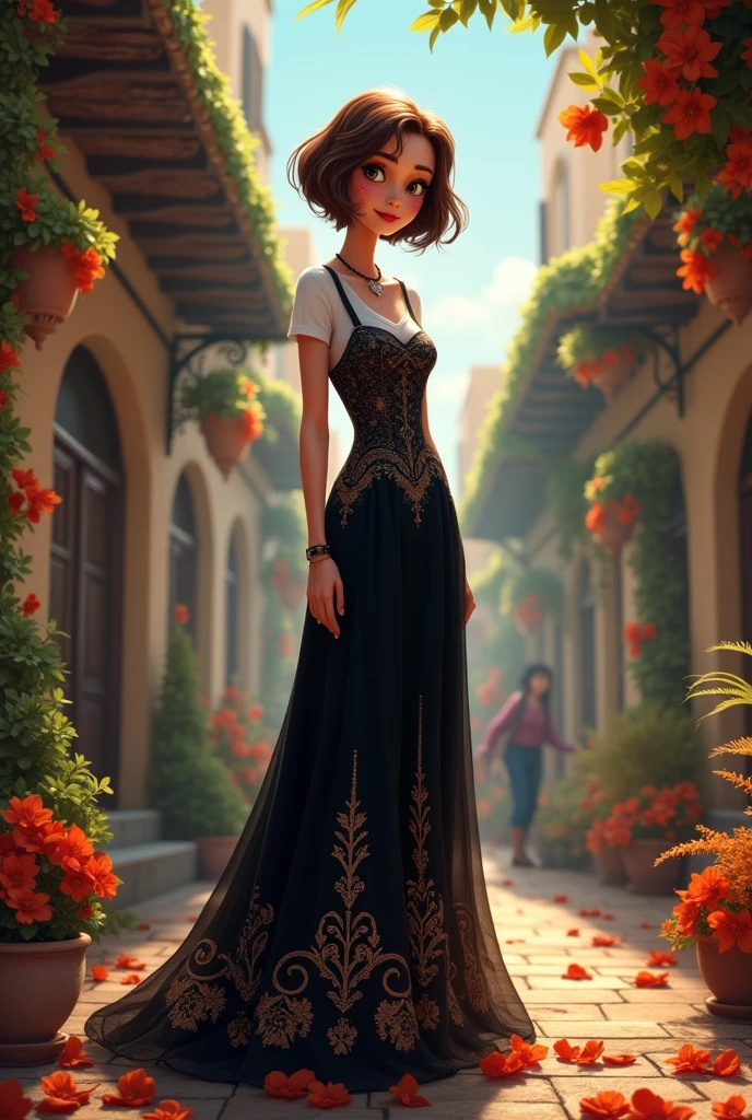 Disney Pixar style cover of a tall woman, slim, white tea, short, very short light brown hair, big brown eyes dressed as a witch with a beautiful black dress and high heels on the day of the dead