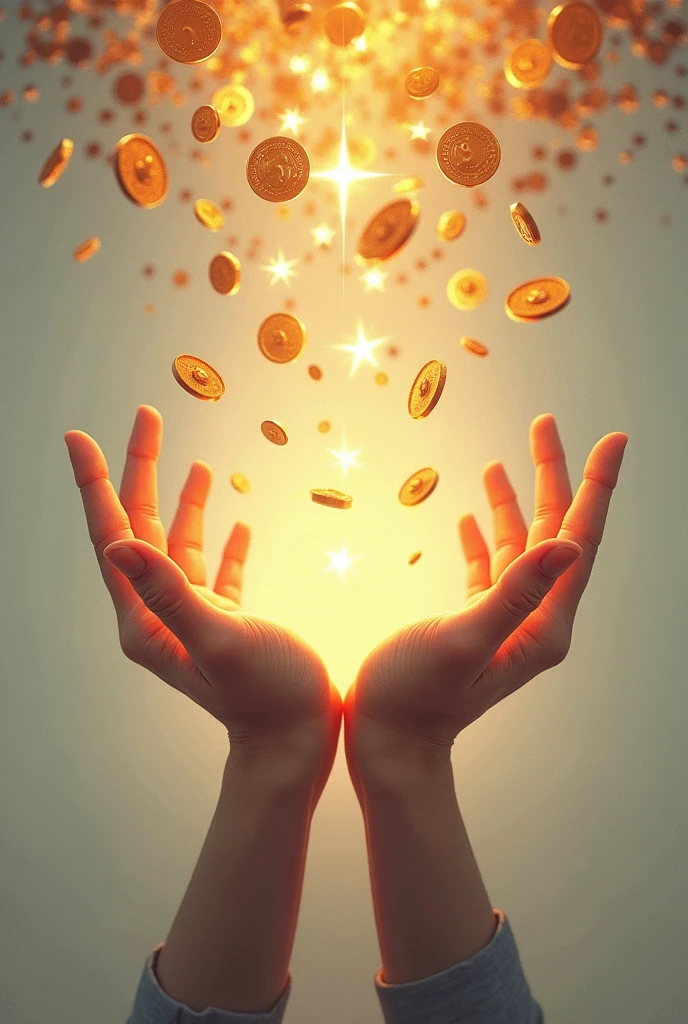 Hands extended with open palms, dropping, seeds, Granos de seeds, of abundance, coins and stars.