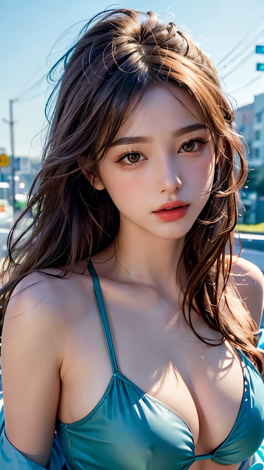 Black Swimsuit, Long Hair, highest quality, masterpiece, Ultra-high resolution, (Realistic:1.4), RAW Photos, One Girl, Off the shoulder, In the Dark, Deep Shadow, Moderate, Golden Ratio, roadside,walk, 20-year-old,Cute Face, Slightly larger breasts, (head shot:1.5)