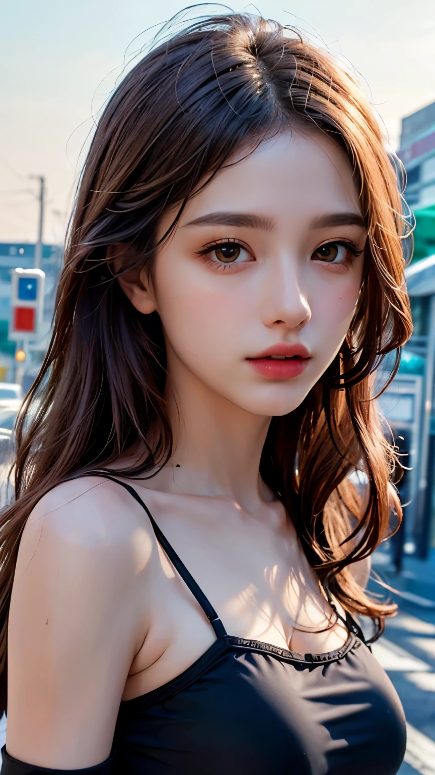 realistic, High resolution, soft light,1 female, alone, hip up, (detailed face), jewelry, street wear, Beauty models, Eyes that invite the viewer, Spouse'perspective, attractive appearance, sexy smile, perfect style, perfect balance, fine skin, naughty look, I can see your breasts