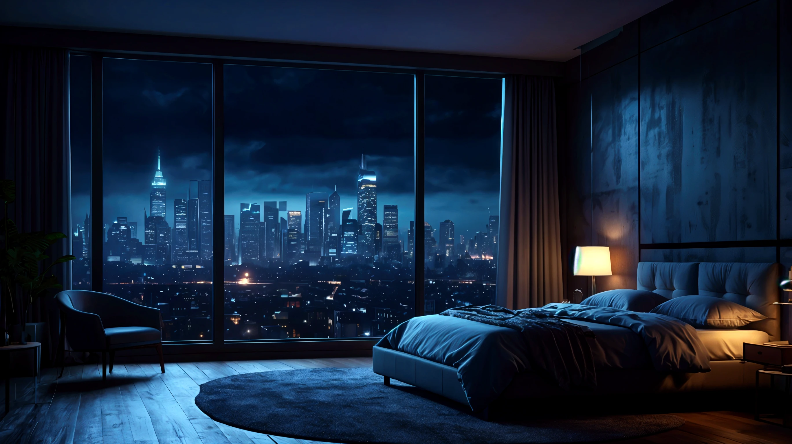 moody aesthetic, beautiful cozy, cramped bedroom with floor to ceiling glass windows overlooking a city at night, a stone fireplace, bookshelves, detailed, high resolution, photorrealistic, dark, gloomy