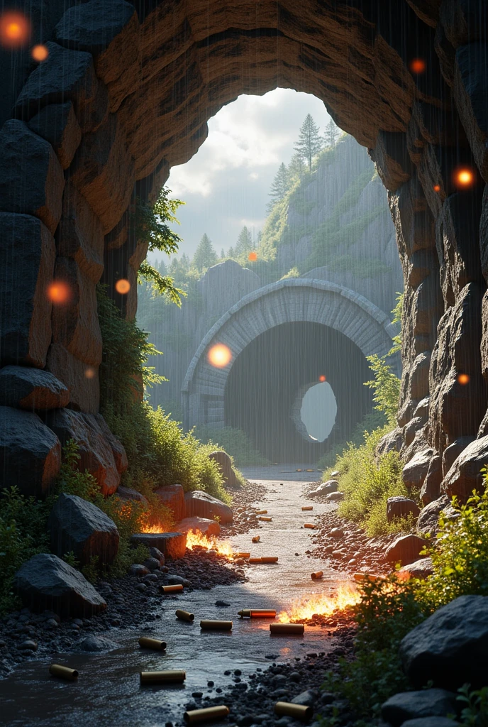 Tunnel entrance, lots of bullets in the air and on the ground, masterpiece, 4k, high definition, in one shot, photorealism: 1.2, half background, shot in circle with rain cloud,