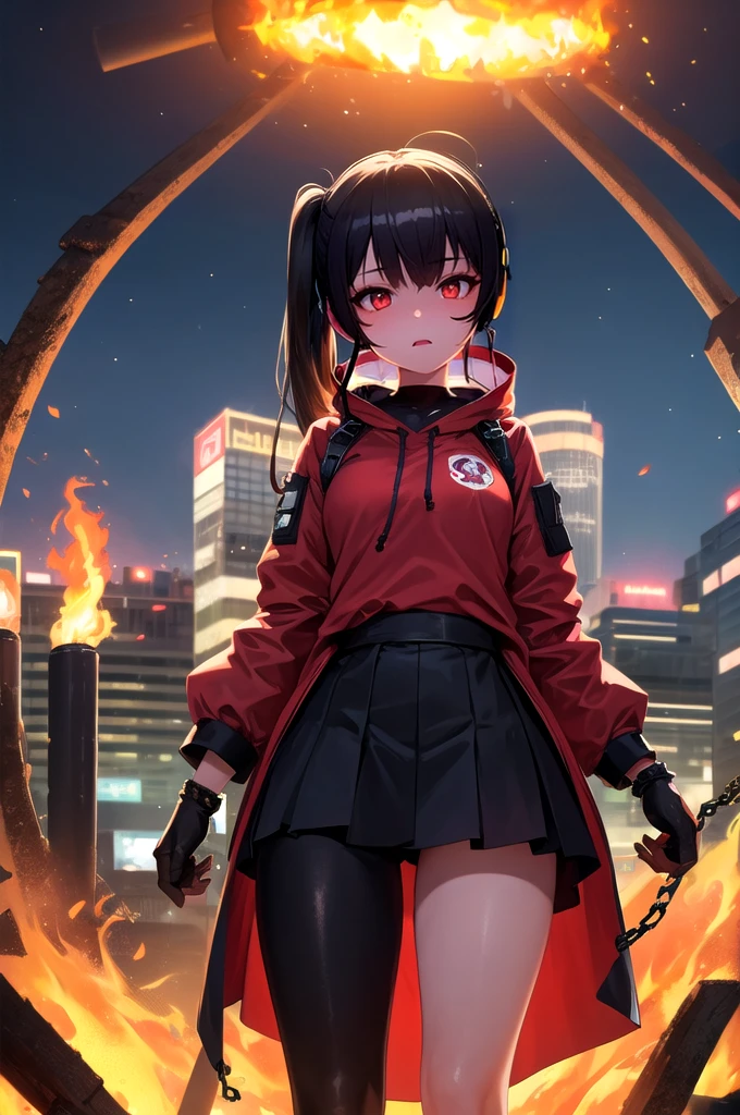 ((best quality)), ((masterpiece)), (detailed), perfect face, 1girl, lower body, long black hair with red tips, sc-fi clothing, tactical clothing, headset, metal chains around her waist, wearing a big red and black puffy coat that barely fits, flames circling her body, surrounded by flames, night time, red eyes, glowing eyes, ponytails, twin tails, tan skin, really dark outside, the flames light reflects of the girls skin, standing on top of a rooftop