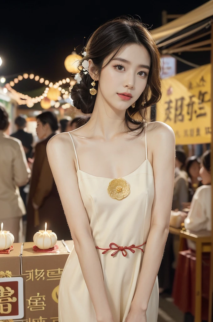 (((best quality))),(((ultra detailed))),(((masterpiece))),illustration,((1 beautiful girl,solo)),(shoulder-length bob:0.8),((slim,thin)),((small breasts,flat chest)),delicate face, twinkling eyes,(flowing osmanthus flower dress:1.3),(slender legs:1.2),(standing:1.3),fair complexion,(bustling market:1.3),(stall full of mooncakes:1.3),curiosity,delight,promotional,haggling,intricate patterns,Mid-Autumn Festival, flaky, smile, sweet, fragrant filling, delightful contrast, salty exterior, eyes widen, pleasure, exploring,excitement, box, joyful anticipation, festive spirit, vibrant atmosphere, enchanting appearance, lively scene, captivating, timeless image, ((from front,upper body)),(surrounded by crowded crowds:1.3)