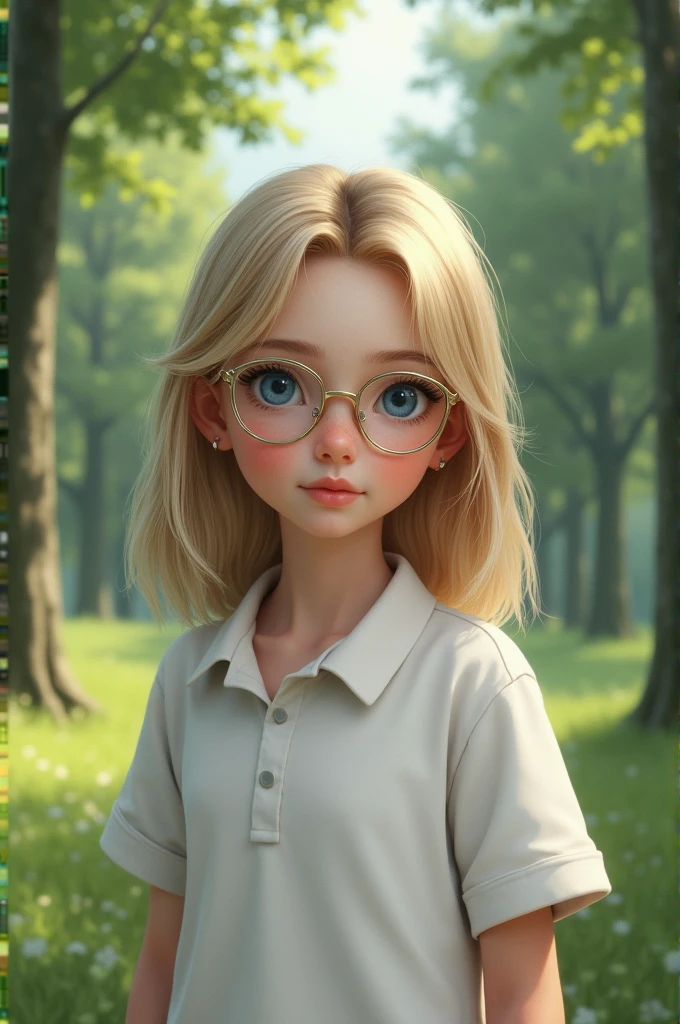 Realistic, norwegian girl with glasses, blue eyes, white shirt, in a green park