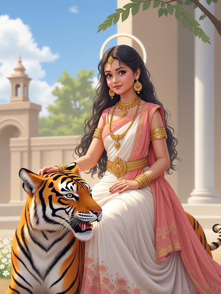 "Transform this photo of my daughter into a majestic, ethereal portrait with a godly effect with hindhu god saree and she sit on tiger. Add a halo, glowing aura, and soft, divine lighting. Emphasize her features with a subtle, shimmering glow. Style: Anime/Manga-inspired, with vibrant colors and delicate textures. Output: High-resolution, detailed image."