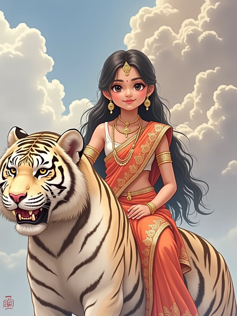 
"Transform this photo of my daughter into a majestic, ethereal portrait with a godly effect with hindhu god saree and she sit on tiger. Add a halo, glowing aura, and soft, divine lighting. Emphasize her features with a subtle, shimmering glow. Style: Anime/Manga-inspired, with vibrant colors and delicate textures. Output: High-resolution, detailed image."