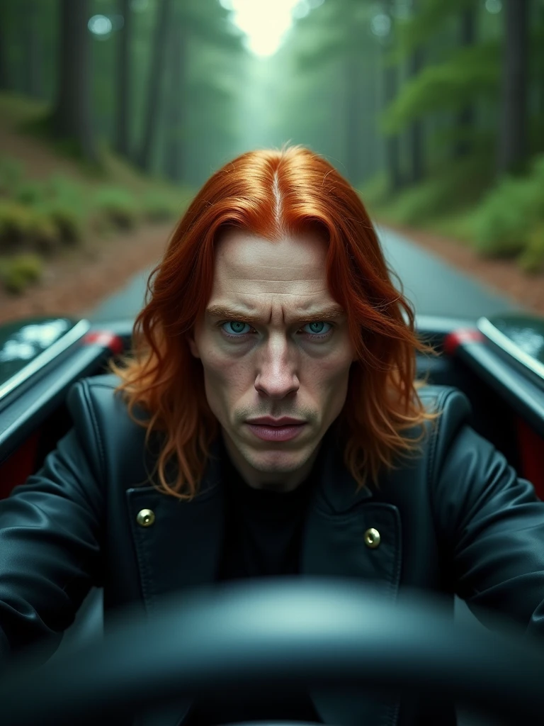 A stunning cinematic close-up of a man with long, red hair and striking blue eyes, driving a sleek black car. He is intently focused on the winding forest road, leading down a hill, with lush greenery and trees on both sides. The car's interior is a stylish mix of black and red, with the man's determined gaze adding a sense of suspense and intrigue to the scene. The overall ambiance is intense and dramatic, as if the character is about to embark on a thrilling adventure., cinematic