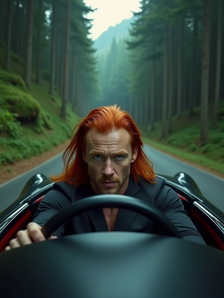 A stunning cinematic close-up of a man with long, red hair and striking blue eyes, driving a sleek black car. He is intently focused on the winding forest road, leading down a hill, with lush greenery and trees on both sides. The car's interior is a stylish mix of black and red, with the man's determined gaze adding a sense of suspense and intrigue to the scene. The overall ambiance is intense and dramatic, as if the character is about to embark on a thrilling adventure., cinematic