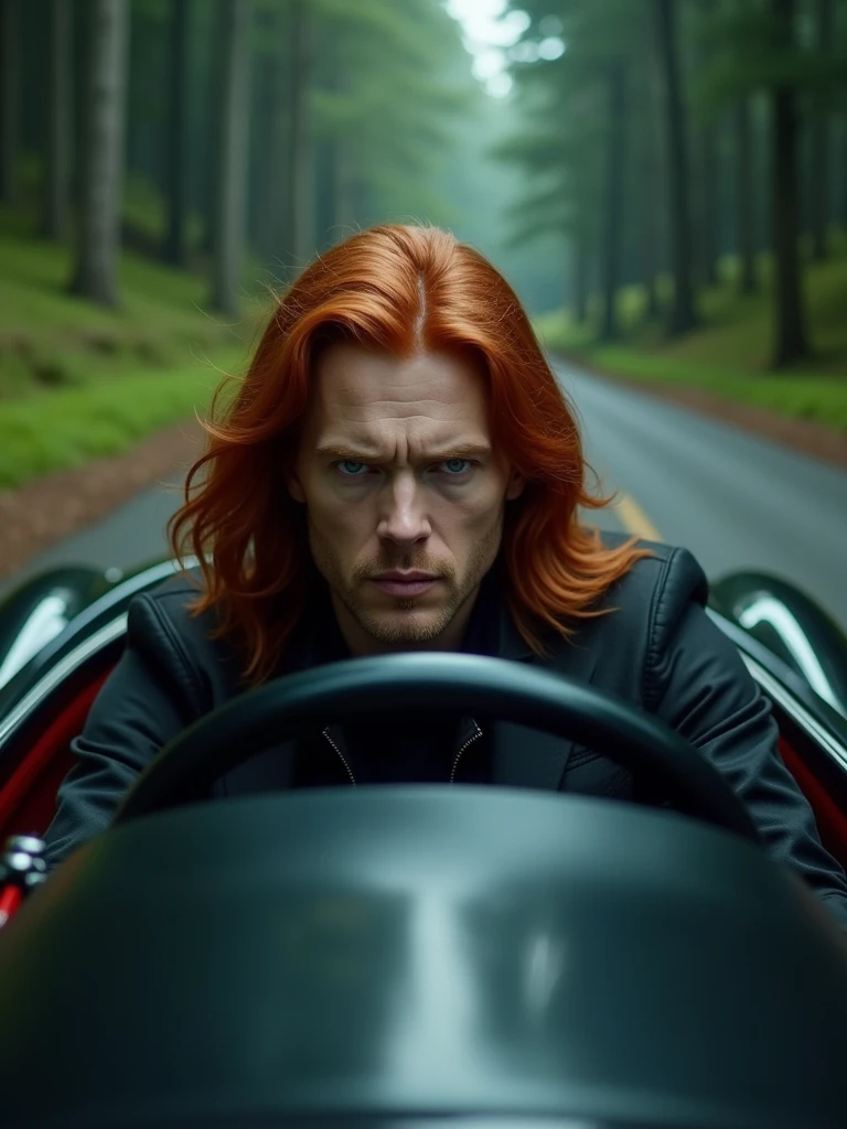 A stunning cinematic close-up of a man with long, red hair and striking blue eyes, driving a sleek black car. He is intently focused on the winding forest road, leading down a hill, with lush greenery and trees on both sides. The car's interior is a stylish mix of black and red, with the man's determined gaze adding a sense of suspense and intrigue to the scene. The overall ambiance is intense and dramatic, as if the character is about to embark on a thrilling adventure., cinematic