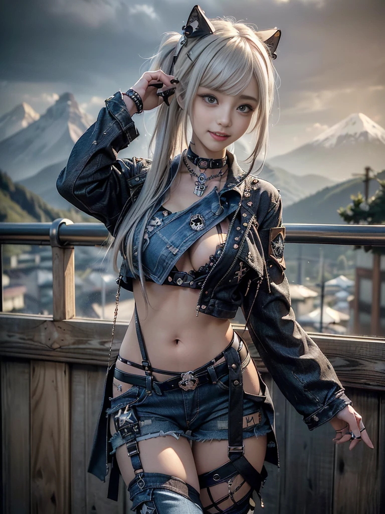 (Beautiful lips and nose:1.4)、(Long eyelashes:1.4)、(Smiling with teeth showing:1.3),(Shibuya Gal:1.5)、(Goth delicate embellished dress:1.5)、(Tattered denim and black punk rock cargo pants:1.5)、(Denim and black navy skull mark small jacket:1.4)、(denim garter belt:1.5)、(Black and denim knee socks:1.3)、(Skull Silver Accessories:1.5)、(Denim collar:1.3)、(Brown Skin Belt:1.4)、(Brown boots:1.2)、(The underwear is striped:1.4)、31 years old、((Highest quality、In 8K、masterpiece:1.3))、Sharp focus:1.2、(Layered Cut、Huge boobs:1.1),Beautiful woman with perfect figure:1.4、(Dancing vigorously:1.3)、Slender Abs:1.2、Highly detailed face and skin texture、Detailed eyes、double eyelid,(Twin tails:1.3)、(Cream colored hair:1.3)、Gravure idol、(The background is a vast mountain with a clear view々Beautiful luxury resort destination in Europe:1.3)、(Slim Body:1.2),(Make your legs thinner:1.4),(clavicle:1.1)