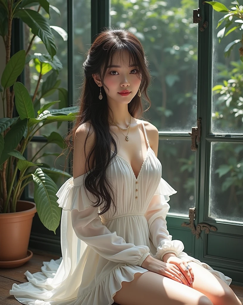 ((Goddess White Dress)), ((skirt)), ((pantyhose)), ((Shiny衣装)),, skindentation, skinny, alone, 1 female, masterpiece, Highest quality, Highest quality, 16K, Unbelievably absurd, Very detailed, 2.5D,, delicate and dynamic, Very delicate look, Delicate eye depiction, erotic, only sexy woman, ((Cute and gentle face)), Healthy body shape, ((25-year-old woman)), Height: 160cm, Medium firmness and swaying bust,, blush, Sweat,Embarrassing,sexy, ((Thin thighs)), (Camel Toe:0.7), (Nipples are visible:0.3), (Erect nipples,:0.7), Shiny, Facing directly at the viewer, (((In the heat))), ((Oily_skin)), ((Dutch Angle)), ((erotic pose)),