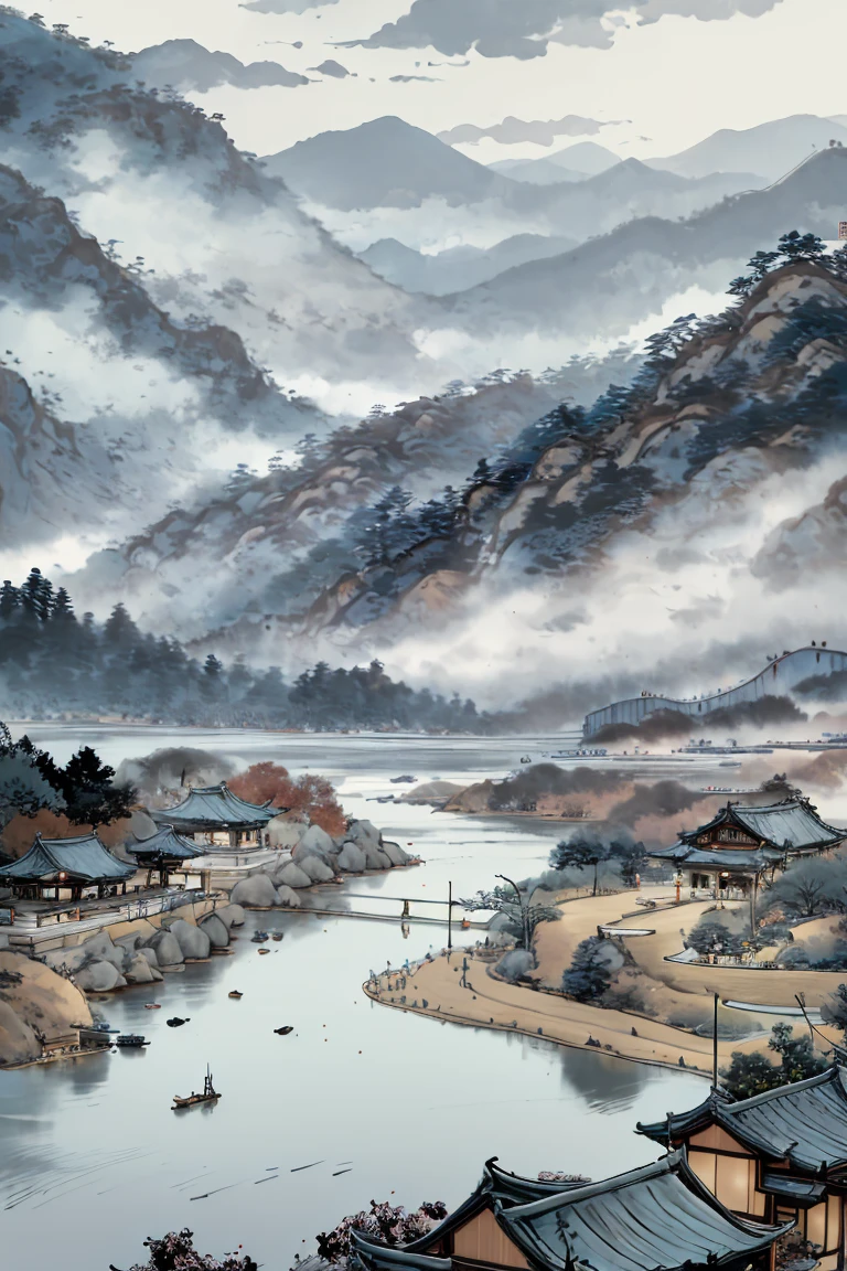 Tradition Chinese Ink Painting，Inspired by:Guo Xi There are mountains in the distance，There are clouds，Yuyu，There are towering trees nearby，There are houses，There is running water，There are small bridges