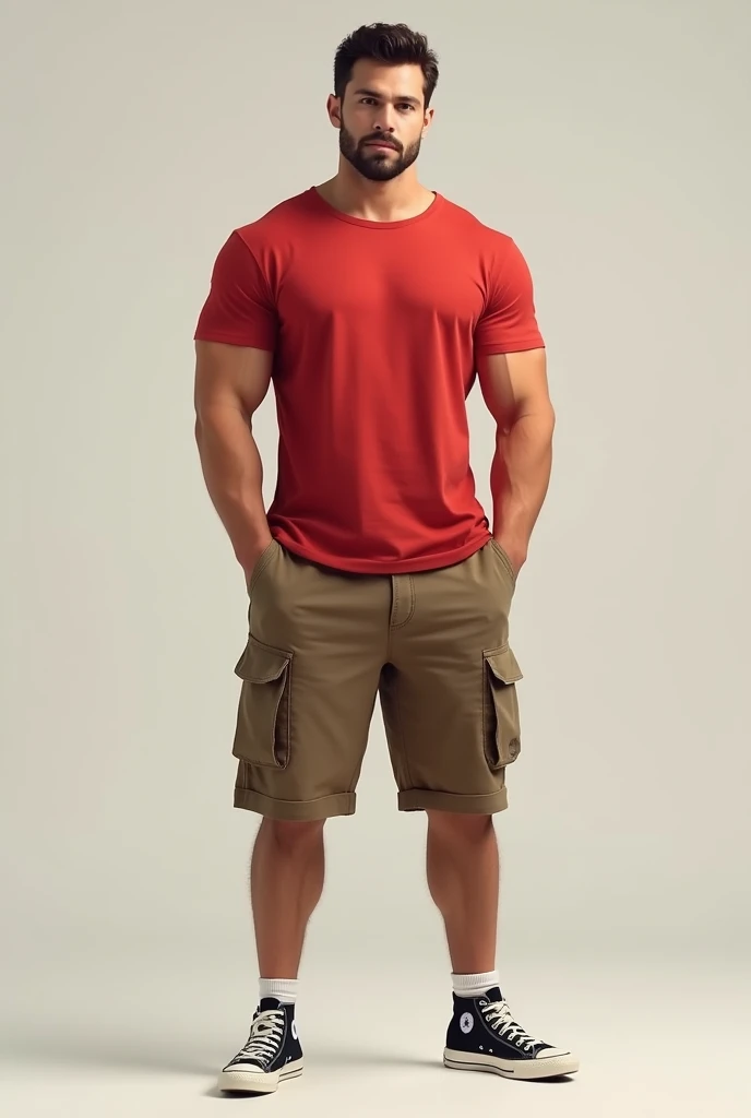 Muscular man wearing a shirt with long shorts Long loose shorts With pockets on the sides with converse sneakers red T-shirt and brown shorts Long short, Normal musculature Loose T-shirt half loose but her size
